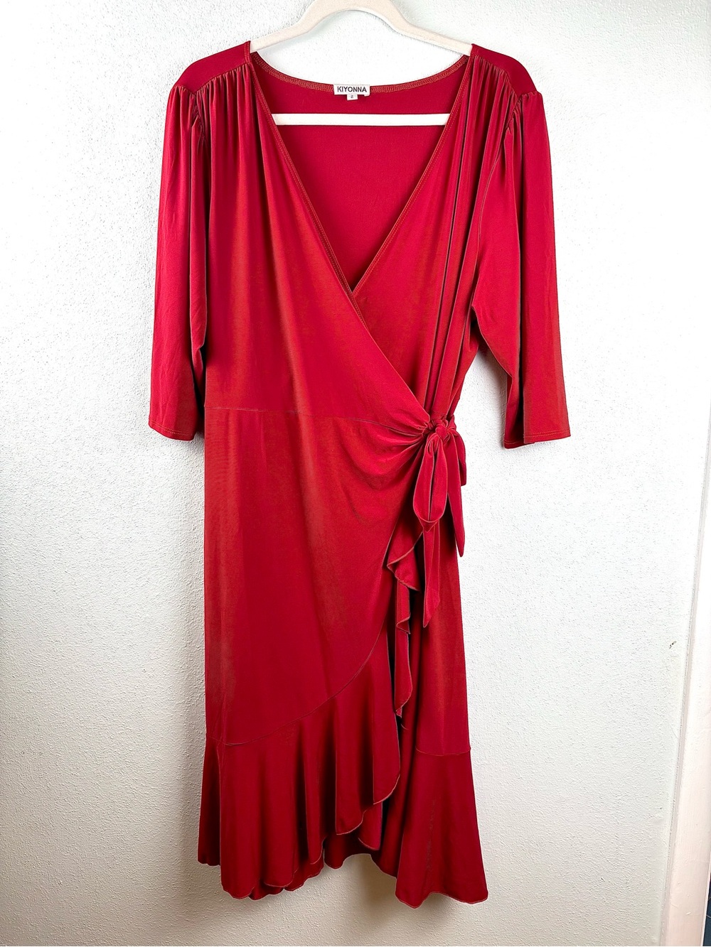 Kiyonna Whimsy Red Flounce Ruffle Cocktail Wrap Dress, Size 2X